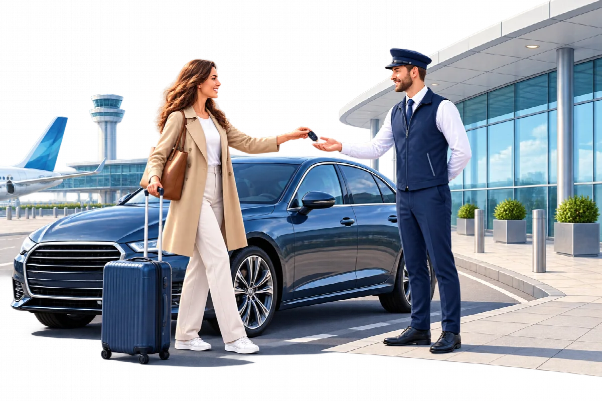 Fahrzeugübergabe beim Valet-Parken vor dem Flughafenterminal