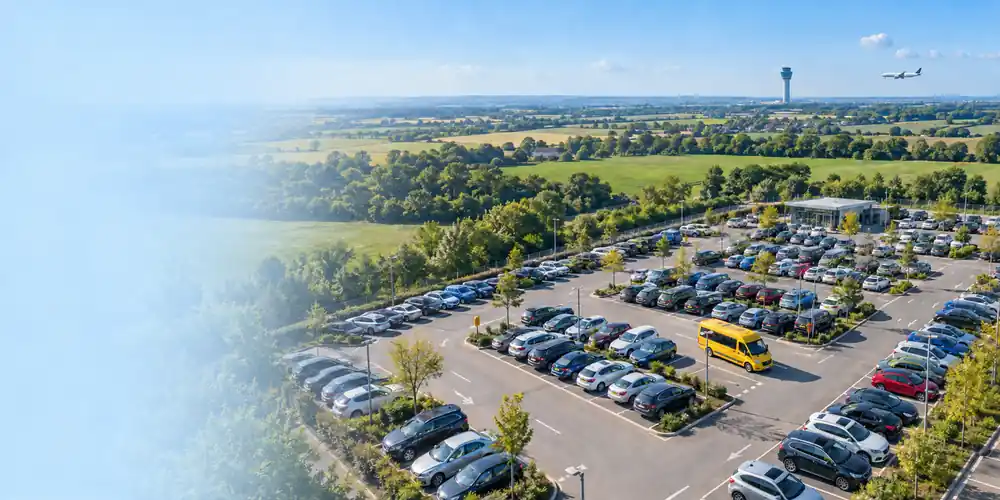 Flughafen-Parkplatz mit Shuttlebus und Flughafen im Hintergrund